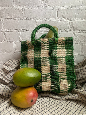 HOZEN Handbags Ixtle Straw Cactus Small Tote Bag • Green and Natural Check