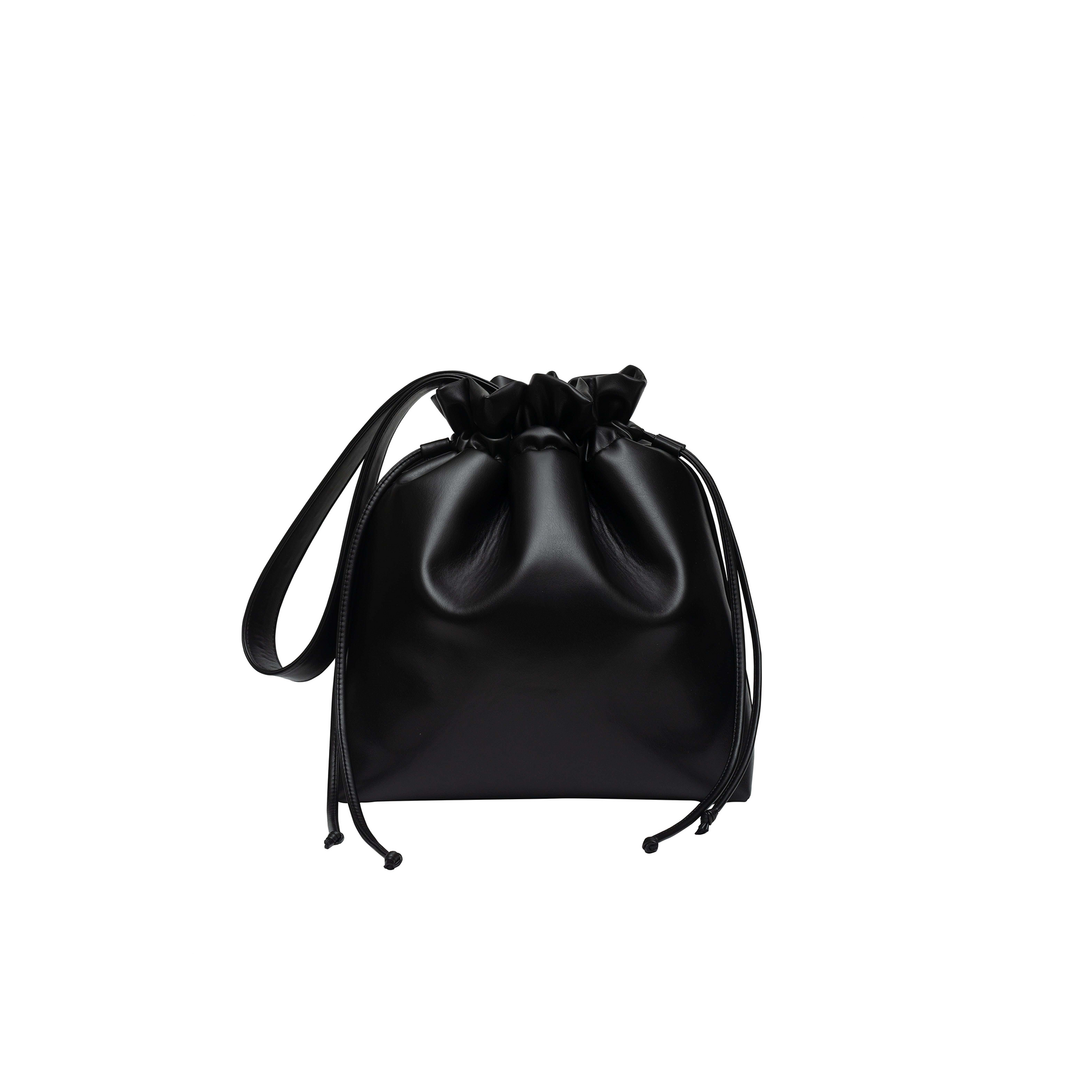 Large vegan leather shoulder tote in black with black strap and string closure.