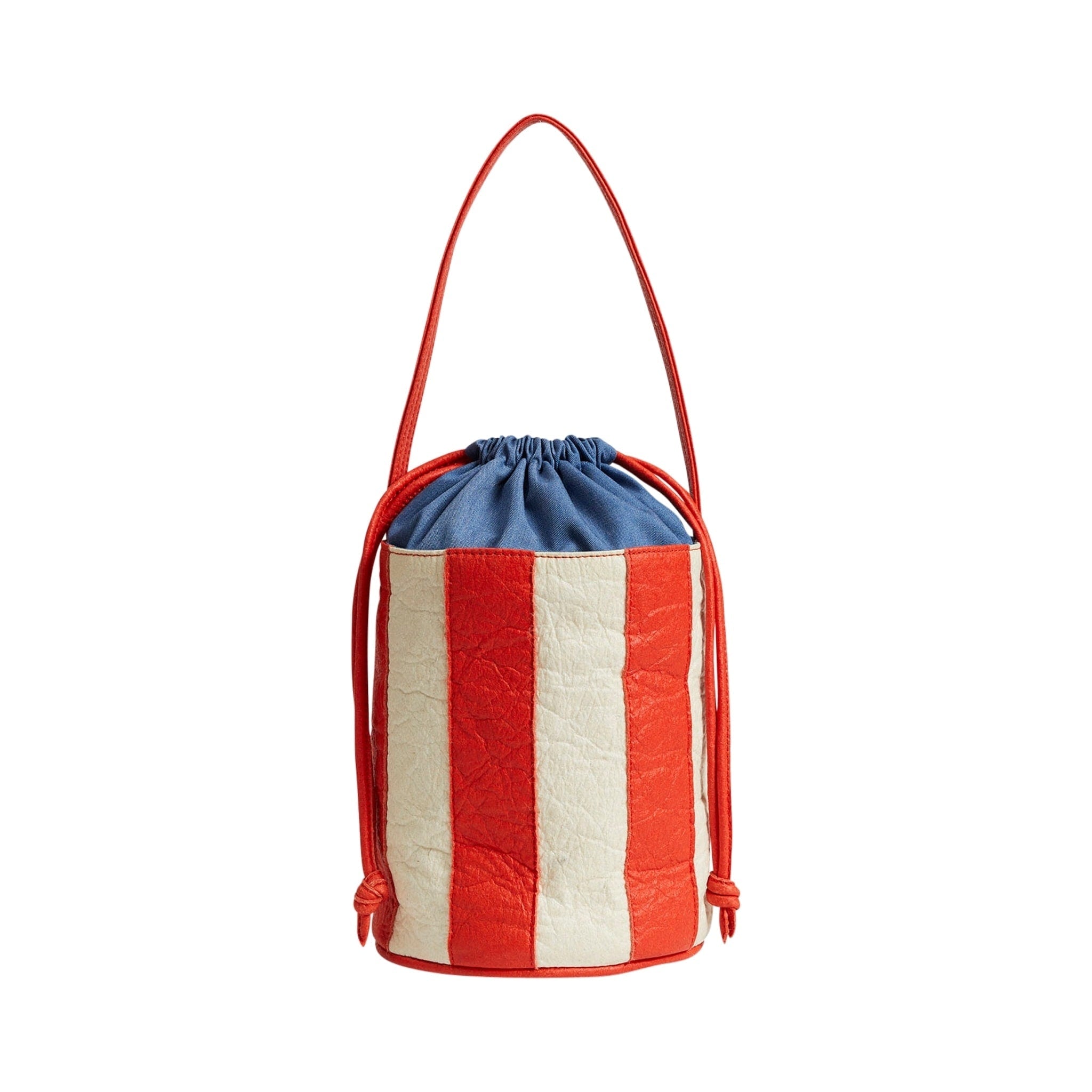 Pineapple leather bucket bag in red and white stripe.