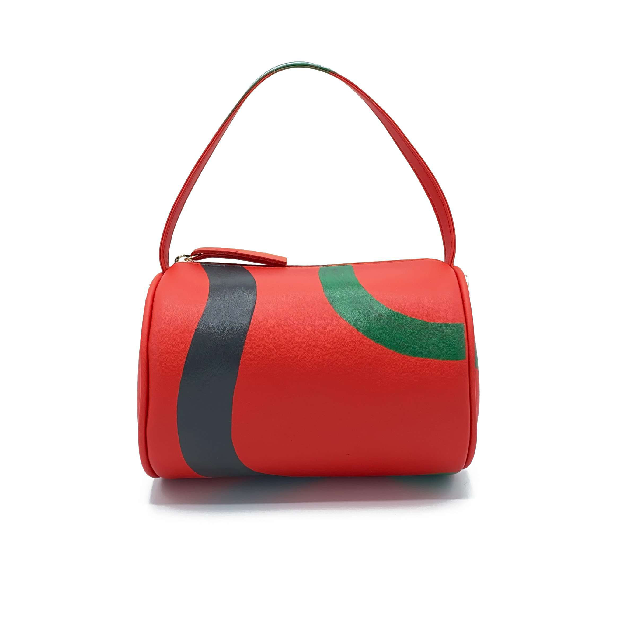 Vegan leather duffle style mini bag with detachable crossbody strap in red with hand painted squiggles in black and green.  